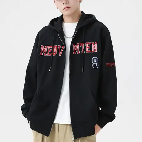 青少年美式开衫外套男春秋季潮高级感2023新款黑色连帽卫衣运动服商品大图