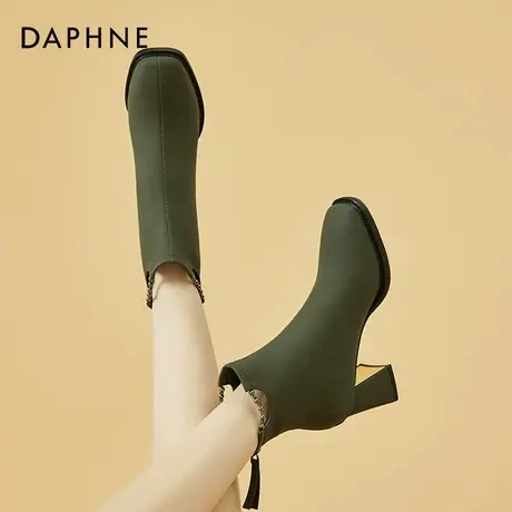 达芙妮绿色靴子女配裙子牛油果粗跟高跟鞋2026秋冬短靴加绒马丁靴商品大图
