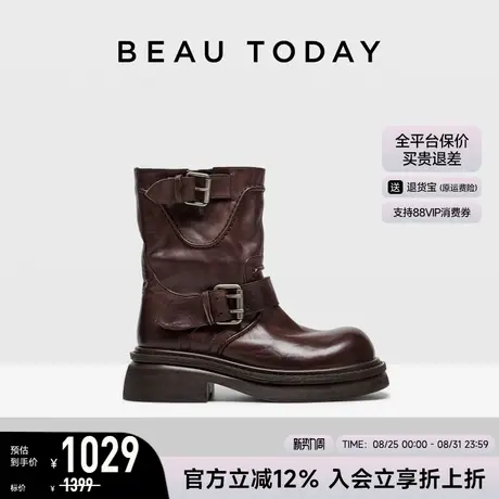 BeauToday美拉德咖色短靴女款2025新款秋冬季女士骑士靴西部靴子图片