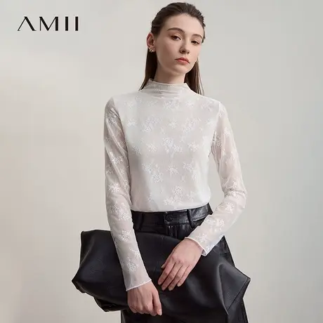 Amii2025秋新款极简弹力网纱提花半高领小高领修身合肩长袖T恤图片