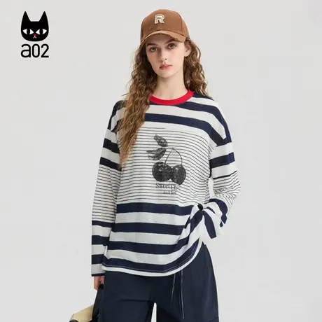 a02宽松圆领长袖条纹T恤女2025新款秋季设计感打底衫上衣通勤穿搭商品大图