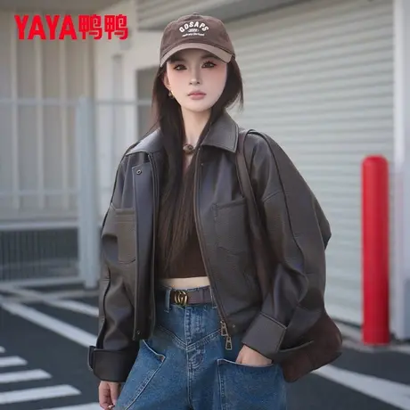 鸭鸭皮羽绒服女短款秋新款时尚复古油蜡咖啡色皮衣休闲高级感外套商品大图