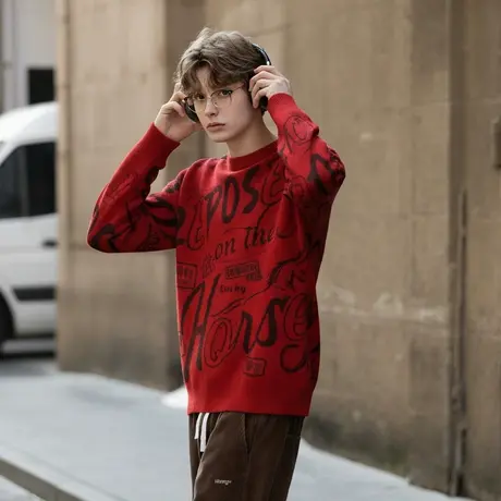 唐狮秋冬情侣同码圆领满印大文字图案毛线衫休闲宽松百搭TMTA商品大图