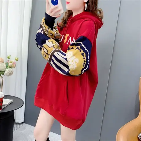 中长款针织拼接加绒连帽卫衣女秋冬2022年新款宽松慵懒风洋气外套商品大图