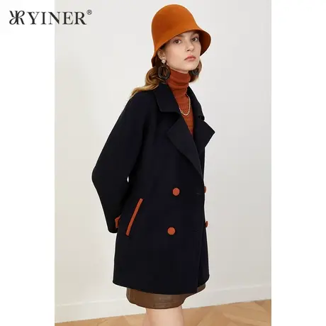 YINER音儿女装2021冬季新款撞色纯羊毛双面呢大衣商品大图
