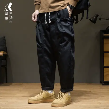希越美式抽绳休闲裤子秋款男加肥加大宽松大码黑色纯棉工装风长裤商品大图