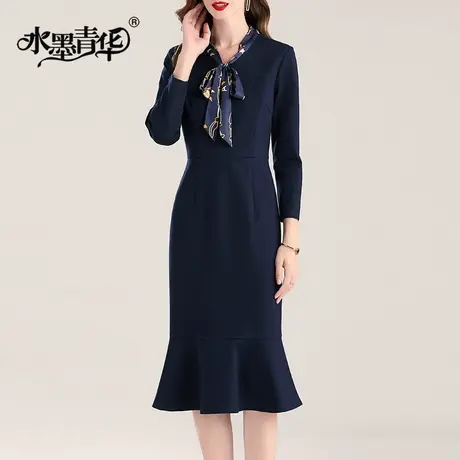 【1件7.9折】春季新品时尚彩带V领显瘦鱼尾裙百搭打底针织连衣裙商品大图