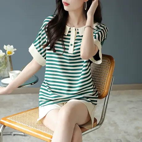 宝诗黎蝙蝠袖条纹拼接雪纺衫漂亮别致上衣2023夏季圆领短袖女装薄图片