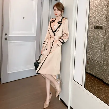 中长款收腰风衣系带外套英伦风设计感女小众拼接时尚减龄休闲大衣图片