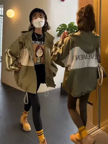 美式设计感冲锋衣女2023年春秋新款宽松大码拼接防风加棉夹克外套商品大图