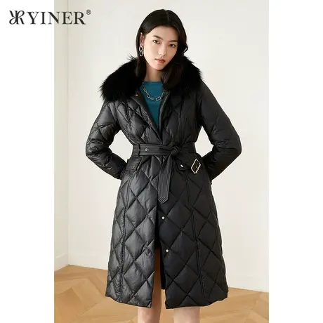 YINER音儿商场同款女装2021冬季新款菱格纹貉子毛领羽绒服图片