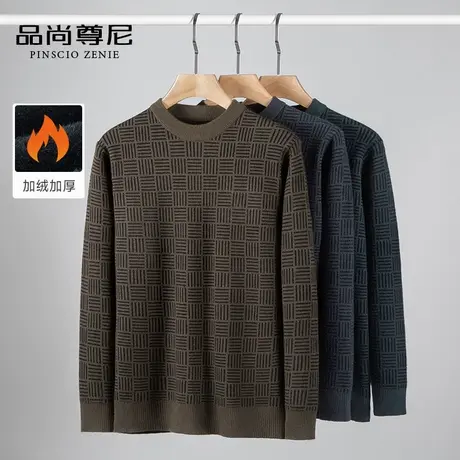 【一体绒】男士毛衣2023新款冬季复古格纹半高领加厚保暖针织毛衫商品大图