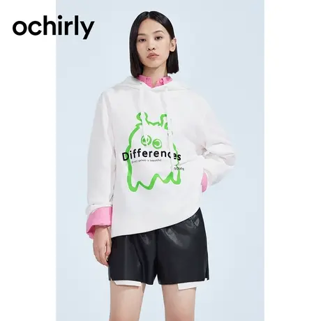 ochirly欧时力 印绣花纯棉连帽卫衣女2023新款秋冬中长宽松休闲商品大图