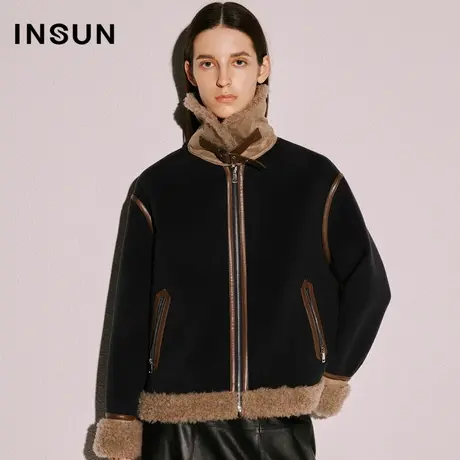 【官方直播】恩裳COVER皮条撞色装饰拼接翻领颗粒绒短毛呢外套女图片