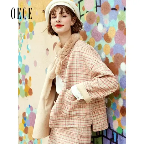 【买1送1】Oece秋冬新款复古女孩甜美圆领落肩格纹双面呢短款外套商品大图