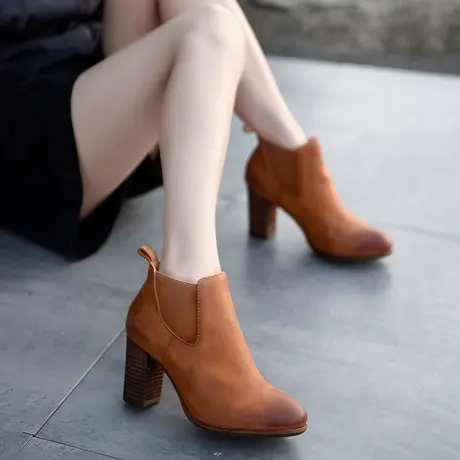 Artmu【断码清仓】复古粗高跟裸靴切尔西短靴女粗跟靴子秋鞋新款图片