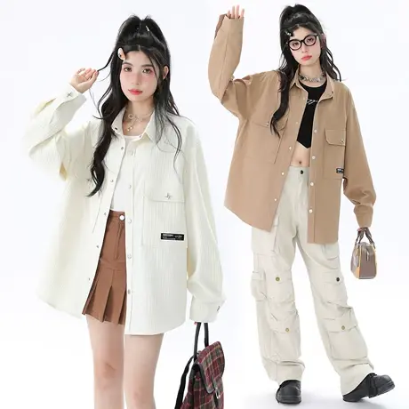 YEP纯色华夫格衬衫女春秋2023新款ins潮牌小个子衬衣复古宽松上衣商品大图