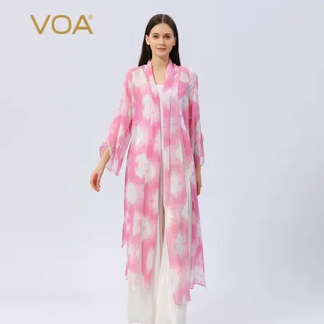 VOA新品真丝乔其粉色甜美风格围巾领腰间系带飘逸长款桑蚕丝外套图片
