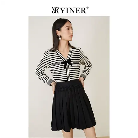 YINER音儿奥莱女装冬季条纹蝴蝶结V领针织衫商品大图