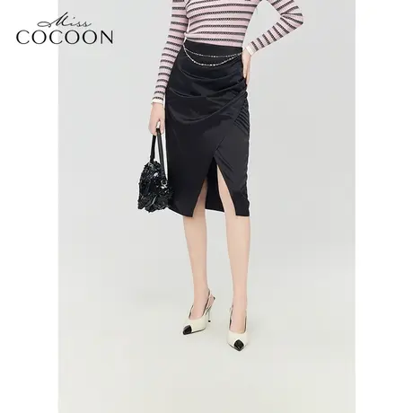 MISSCOCOON法式开衩裙子24春装新款女黑色高腰半身裙图片