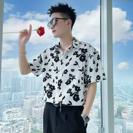 夏季男痞帅花衬衫男装短袖潮流薄款寸衫发型师ins潮牌七分袖衣服商品大图