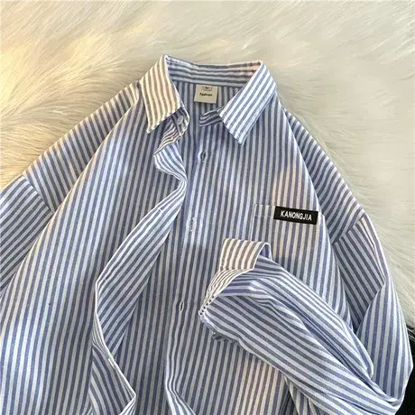 潮流设计感日系长袖衬衫男2025年春秋季潮牌休闲条纹衬衣打底外套商品大图