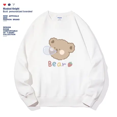 2022秋季卡通小熊印花卫衣男青少年白色薄款圆领套头宽松休闲上衣商品大图