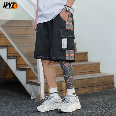 休闲短裤男夏季新款宽松五分裤国潮直筒牛仔中裤外穿黑色沙滩裤子商品大图