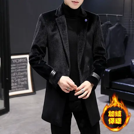 社会小伙个性中长款西服男秋冬季ins帅气呢子风衣潮牌加绒小西装商品大图