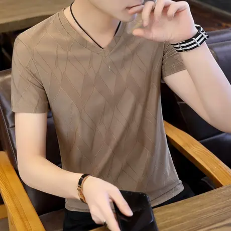 夏装男士冰丝短袖t恤V领修身透气半袖体恤衫青年男款薄款丝滑上衣商品大图