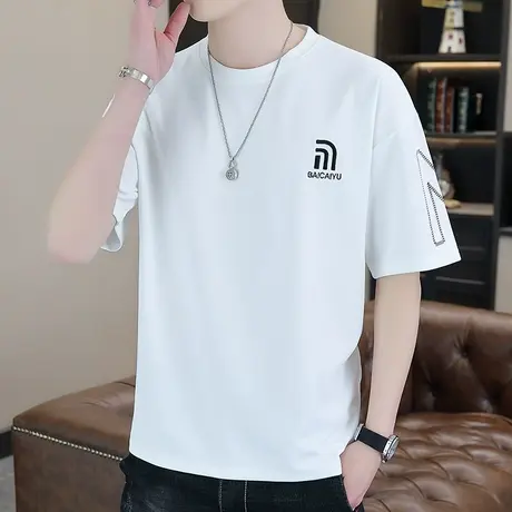 宽松男士t恤夏季新款潮牌潮流圆领印花白色短袖青少年衣服体恤衫T商品大图