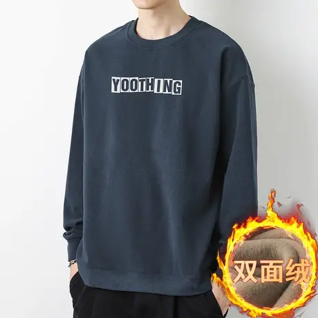 男士卫衣秋冬款圆领无帽上衣宽松潮流百搭保暖双面绒套头长袖t恤商品大图