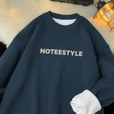 450g重磅摇粒绒卫衣男秋冬加绒加厚宽松圆领无帽长袖t恤日系潮流商品大图