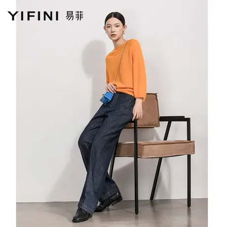 Yifini/易菲休闲宽松直筒牛仔裤春秋新款深色棉麻通勤老爹裤商品大图