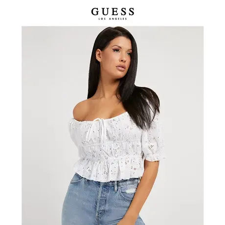 GUESS女法式大方领镂空刺绣收腰泡泡袖衬衫-W2GH39WEIV0商品大图