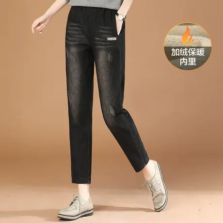 韩潮袭人松紧高腰黑色加绒牛仔裤女2023冬季新款宽松显瘦哈伦长裤商品大图