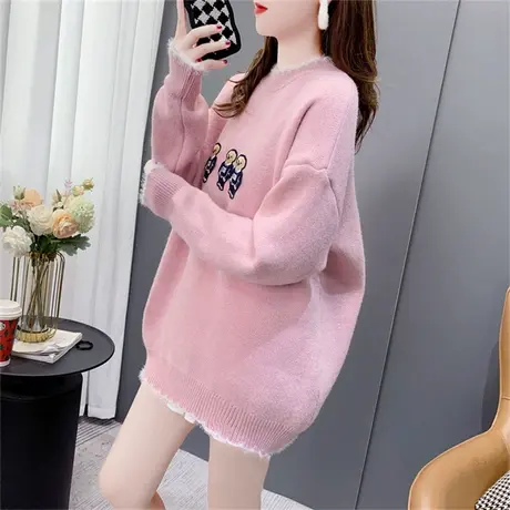 卡通小熊圆领毛衣女士套头2022年新款秋冬宽松加厚洋气打底针织衫商品大图