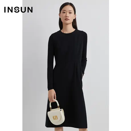 INSUN恩裳春季秋季拼接黑色A字款连衣裙图片