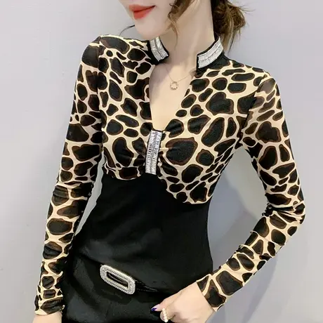 2024春秋新款性感豹纹V领T恤女长袖时尚烫钻上衣洋气百搭打底衫潮商品大图