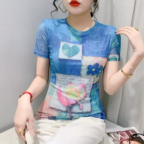 时尚网纱T恤女短袖减龄年轻气质小衫夏季别致印花半袖修身上衣ins商品大图