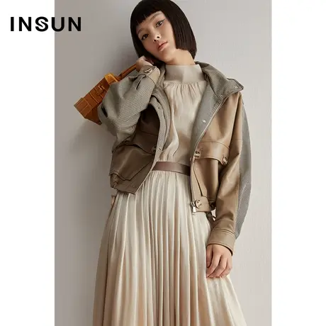 恩裳冬季连帽撞料拼接绵羊皮真皮皮衣外套图片