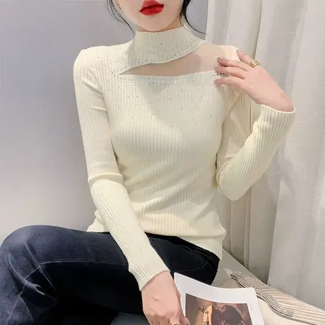 套头镂空网纱拼接针织衫性感半高领烫钻钉珠上衣洋气修身打底衫潮商品大图