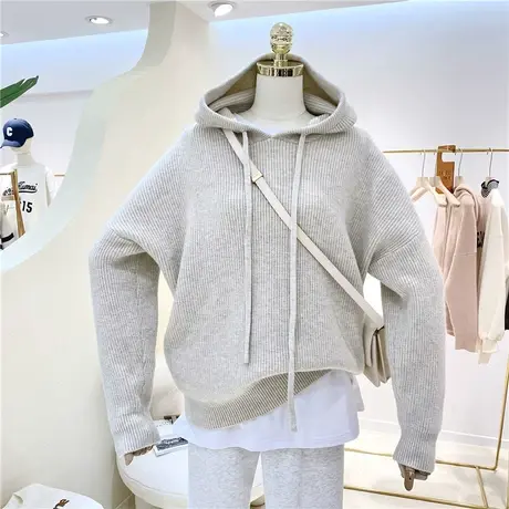 春冬百搭韩版加厚保暖针织纯色抽绳宽松显瘦连帽毛衣女外穿内搭潮图片