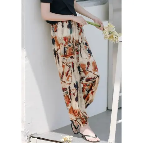 弥古波西米亚民族风灯笼裤女夏季冰丝裤子水墨印花长裤雪纺束脚裤商品大图