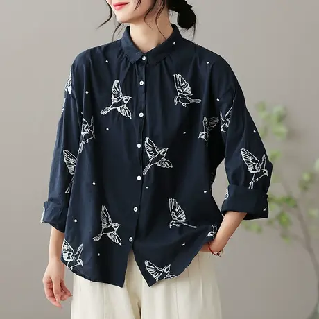 dza 文艺复古刺绣白色衬衫女春季新款长袖打底衫休闲衬衣内搭上衣图片