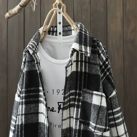 枫谜秋冬新款文艺复古呢子格子衬衫女宽松百搭休闲加厚衬衣外套商品大图