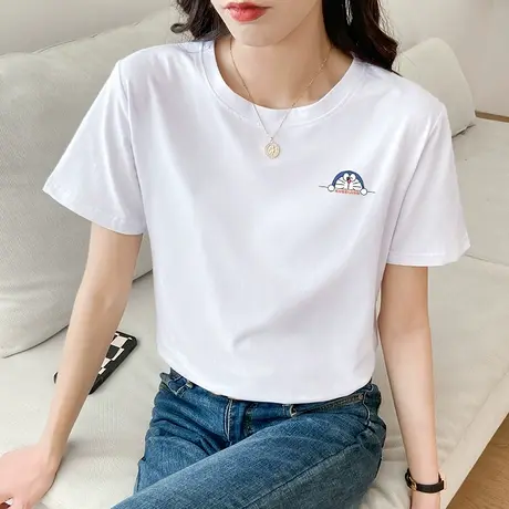 纯棉白色t恤女短袖2023新款夏季宽松圆领印花学生百搭半袖体恤潮图片