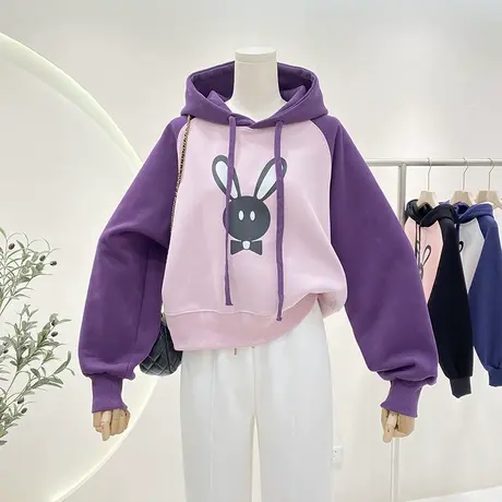 撞色拼接插肩袖连帽卫衣女春秋2023新款宽松印花兔子休闲上衣外套商品大图