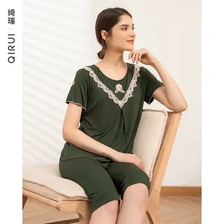 绮瑞睡衣女士夏季短袖七分裤莫代尔薄款夏天家居服加大码妈妈套装图片