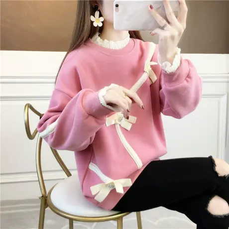 卫衣女春秋季韩版宽松bf慵懒风ins蕾丝拼接薄款假两件上衣外套潮商品大图